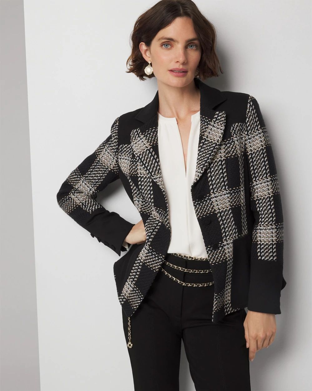 White and black checkered blazer cheap